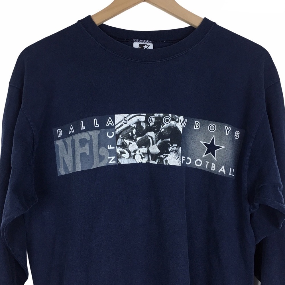 STARTER Cowboys Vintage T Shirt Dallas Long Sleeve Football NFL Navy Size Medium
